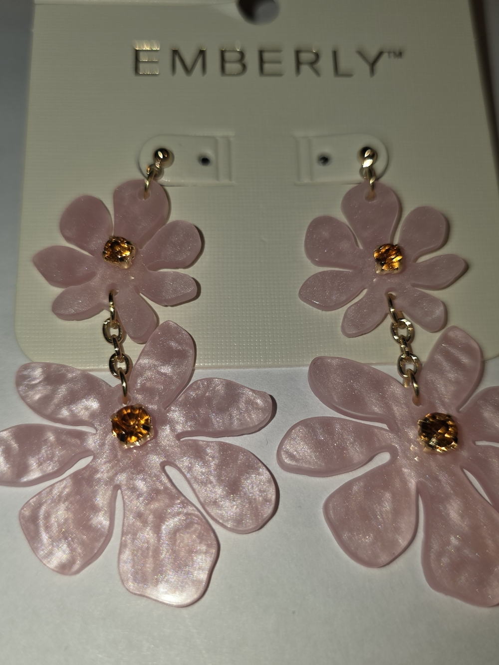 Pink Flower Dangle Earrings with Gold Accents. Emberly  Double Flower Earrings